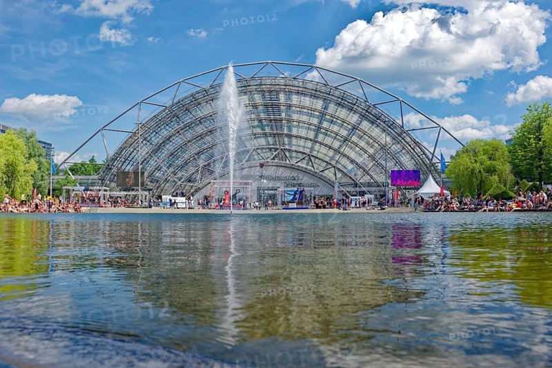 New Leipzig Trade Fair Centre, Leipzig Trade Fair, with glass entrance hall and water basin, trade fair complex, exhibition grounds, glass dome, event, trade, exhibition, Leipzig, Saxony, Germany