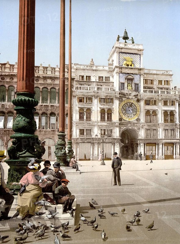 St Mark's Place and Clock, Venice, Italy, Historic, digitally restored reproduction from a 19th century original, Record date not stated, St Mark's Place and Clock, Venice, Italy, Historic, digitally restored reproduction from a 19th century original, Record date not stated
