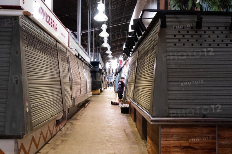 Closed market stalls in the Mercat de la Boqueria, famous market on the Ramblas in Barcelona, Spain