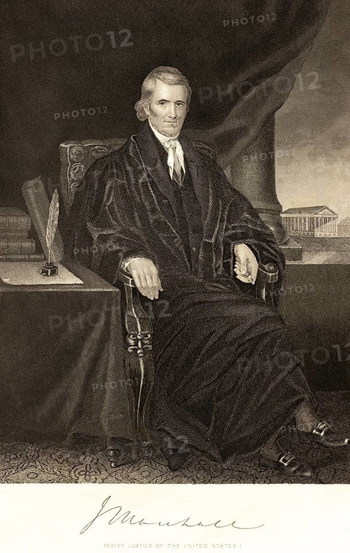 John Marshall (1755-1835) portrait of famous American, politician and jurist, presiding judge of the US Supreme Court, room, table, armchair, sitting, robe, optimistic look, ink, pen, books, document, building, signature, artist Alonzo Chappel, steel engraving, historical illustration 1862