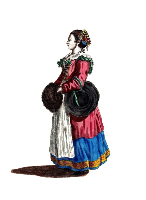 Historical clothing, fashion through the ages, traditional costume of a farmer from near Pisa, 1768, Italy, digitally restored reproduction of an 18th/19th century model, exact date unknown, side portrait of a woman in a colourful costume with flowers in her hair and a winter cloak