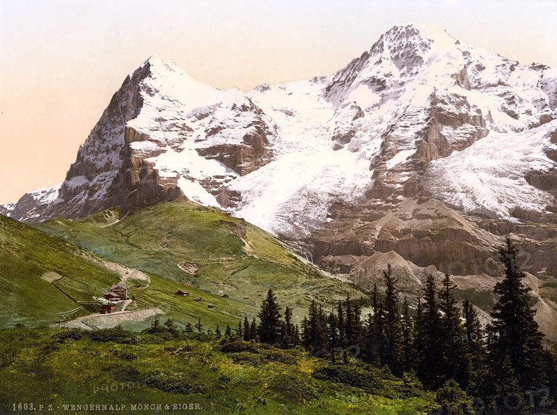 Wengern Alp, Mönch und Eiger, Bernese Oberland, Switzerland, Historic, digitally restored reproduction from a 19th century original, Record date not stated, Monch and Eiger, Bernese Oberland, Switzerland, Historic, digitally restored reproduction from a 19th century original, Record date not stated