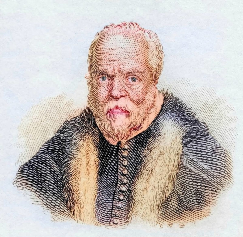 Ulisse Aldrovandi alias Aldrovandus, 1522 to 1605, Italian naturalist, coloured woodcut from Crabbe's Historical Dictionary from 1825, Historical, digital reproduction