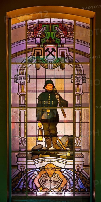 Stained glass window in the pay hall of Heinrich Robert colliery, Ost colliery, Hamm, Ruhr area, North Rhine-Westphalia, Germany