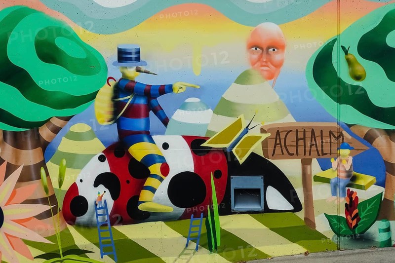 Graffiti, spray art, colorful pictures, public art, mythical creatures, fantastic creatures, human and animal beings, writing, achalm, face, artistically designed entrance to the underground car park, concrete wall, Orschel-Hagen, district of Reutlingen, Baden-Württemberg, Germany