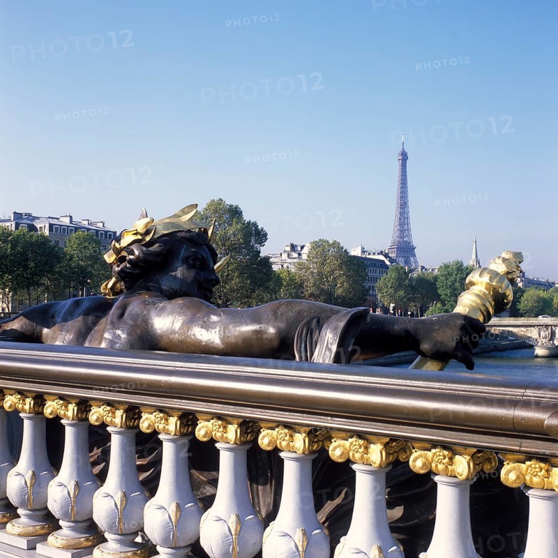 Pont Alexandre III and Eiffel Tower, Statue of the Nymphes de la Seine by Georges Recipon (1900), Paris, France