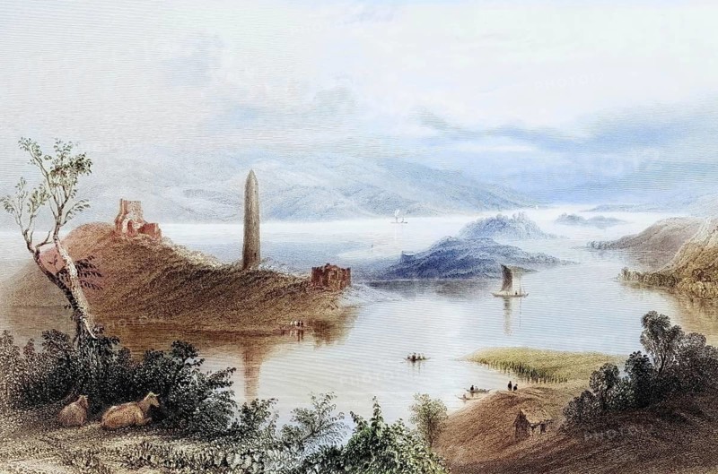 Devenish Island, Loch Erne, County Fermanagh, Ireland, from the Landscape and Antiquities of Ireland, 1841, digital reproduction of a historical model