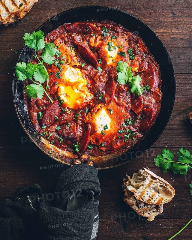 Savor the vibrant colors and enticing aroma of a traditional shakshuka dish with poached eggs in spicy tomato sauce, garnished with fresh herbs and served alongside crusty bread