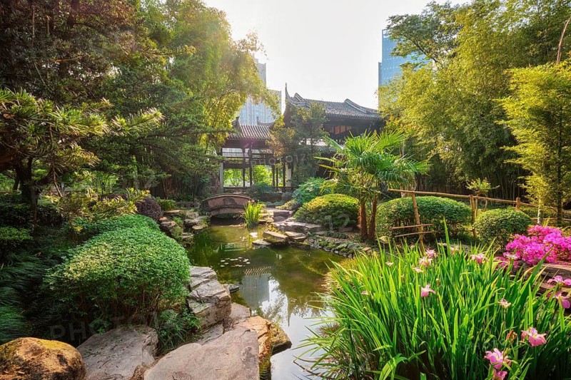 Chinese garden park in China, Wangjiang Pavilion (Wangjiang Tower) Wangjianglou Park. Chengdu, Sichuan, China