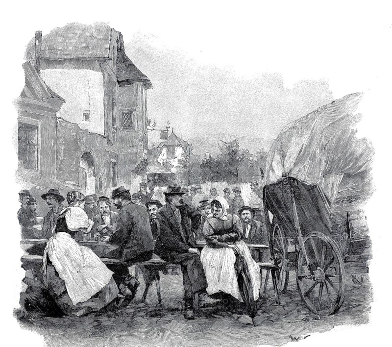 This picture shows a historical scene with people sitting and drinking in front of an inn, possibly after a visit to the market, in 1890, you see farmers and villagers in contemporary clothing from the late 19th century socializing. On the right, there is a large market car covered with tarps, illustration, reproduction of a model from the 19th century. Authentic, file restored for optimal use, exact date of submission unknown, historical