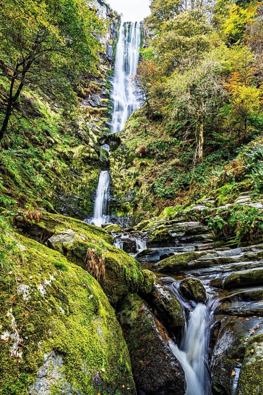 Autumn colors over Pistyll Rhaeadr Waterfall, Berwyn Mountains, Oswestry, Shrewsbury, Wales, UK