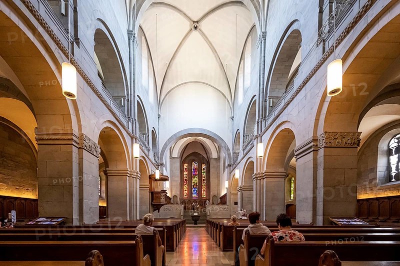 Interior view of the Grossmünster with pews and altar, Zurich Old Town, Zurich, Canton Zurich, Switzerland