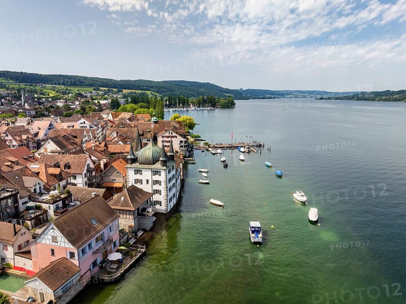 Aerial view of the municipality of Steckborn with the Turmhof and jetty on western Lake Constance, Canton Thurgau, Switzerland