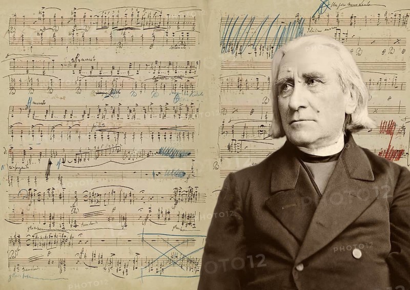 Portrait of Franz Liszt, 1811-1886, Hungarian composer, virtuoso pianist, Années de pèlerinage, suite for solo piano, manuscript in Liszt's handwriting