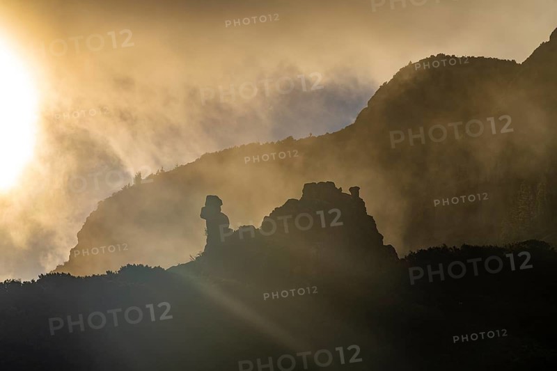 The volcanic rocks of Los Roques in the fog, La Gomera Island, Canary Islands, Spain
