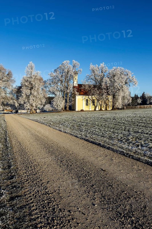 A path to a church, surrounded by wintry trees and frost, Maria Schnee Chapel, Nassenbeuren, Unterallgäu, Bavaria, Germany