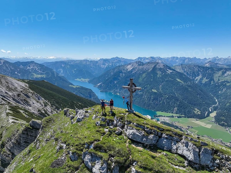 Aerial view, summit of the Unnütz, behind Achensee and Seekarspitze, Unnütz crossing, Brandenberg Alps, Tyrol, Austria