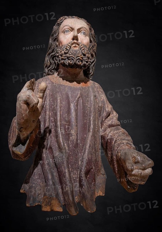 Figure of Jesus, around 1470, on a black background, only the body of the palm donkey remains, Strigel Museum, Martin-Luther-Platz 1, Memmingen, Swabia, Bavaria