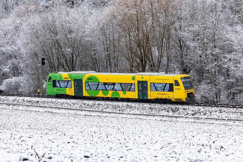 Regional railway train on the Strohgäubahn of the type Regio-Shuttle RS 1 in Münchingen, Germany