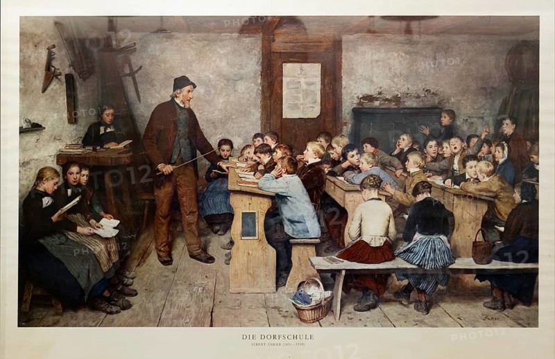 Village school from 1848, painting by Albert Anker, reproduction, Friedrichshafen School Museum, Friedrichshafen, Baden-Württemberg, Germany