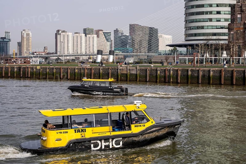Water taxi, water taxi on the Nieuwe Maas, taxi rides on the river with small speedboats, individual public transport, around 50 stops, the water taxis run on request, via app, to Rotterdam, the Netherlands