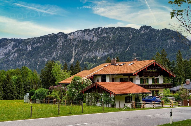 Farmhouses and farmsteads at the Götschenalm, Bichofswiesen, Bavaria, Germany