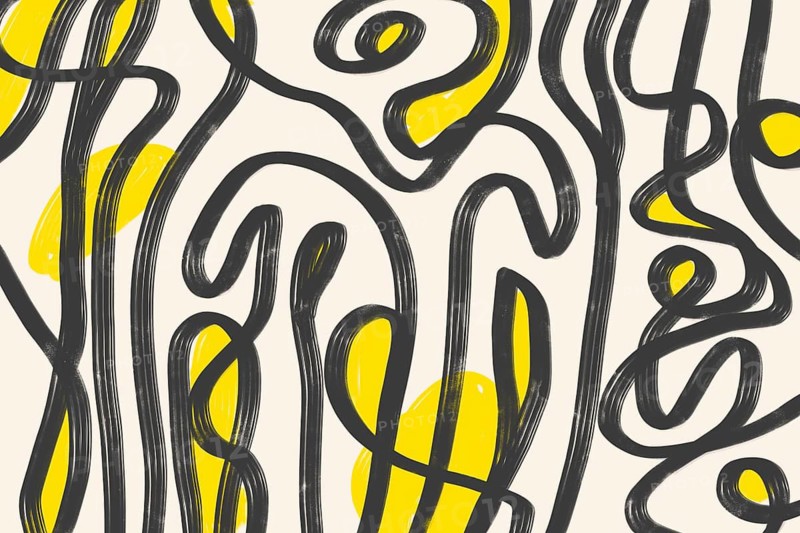 This abstract illustration features smooth, flowing curves intertwined with bright yellow highlights. The design's simplicity and modern style add elegance to any project