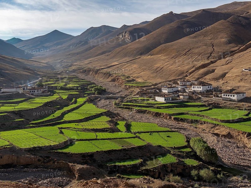 Village between green terraces, rice cultivation and agriculture in the highlands of Tibet, China