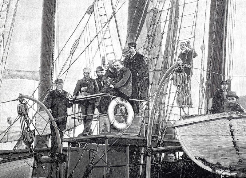 Fridtjof Wedel-Jarlsberg Nansen (born 10 October 1861, died 13 May 1930), Norwegian zoologist, neurohistologist, polar explorer, oceanographer, diplomat and Nobel Peace Prize winner and the crew of the Fram, a ship completed in 1892 and used by Norwegian polar explorers in the years 1893-1912, illustration, reproduction from a 19th century original. Authentic, file restored for optimal use, exact date of original unknown, Historical