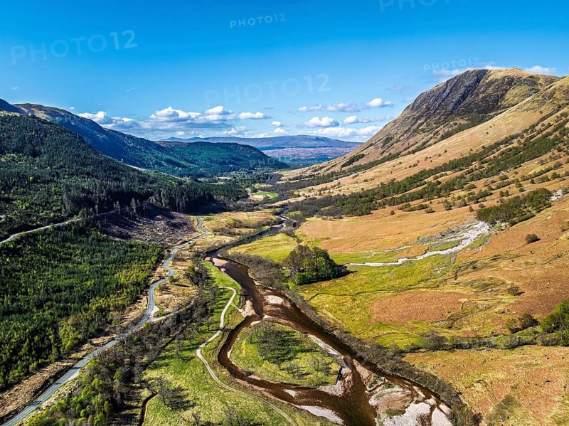 Glen Nevis Valley and River Navis from a drone, Fort William, Lochaber, Highland, Scotland, United Kingdom