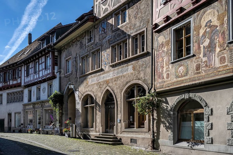 Imposing, historic half-timbered buildings with detailed facade paintings on the market square in the old town of Stein am Rhein, an important sight in Switzerland, Canton Schaffhausen, Switzerland