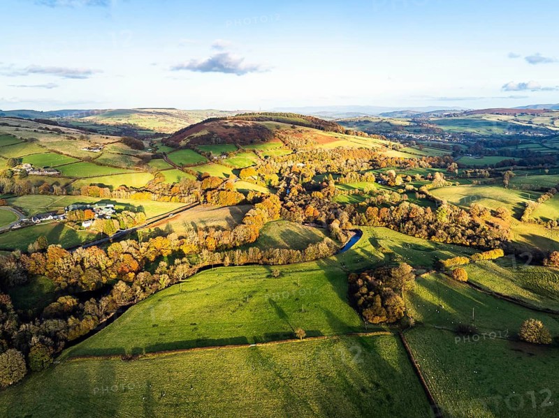 Farms over Trecastle from a drone at sunset, Brecon Beacons National Park, Powys, Wales, England, United Kingdom