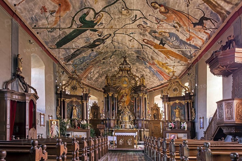 Fresco on ceiling by Hilt in the Eglise Saint-Firmin, St Fermin church at Rochehaut, province of Luxembourg, Belgian Ardennes, Wallonia, Belgium