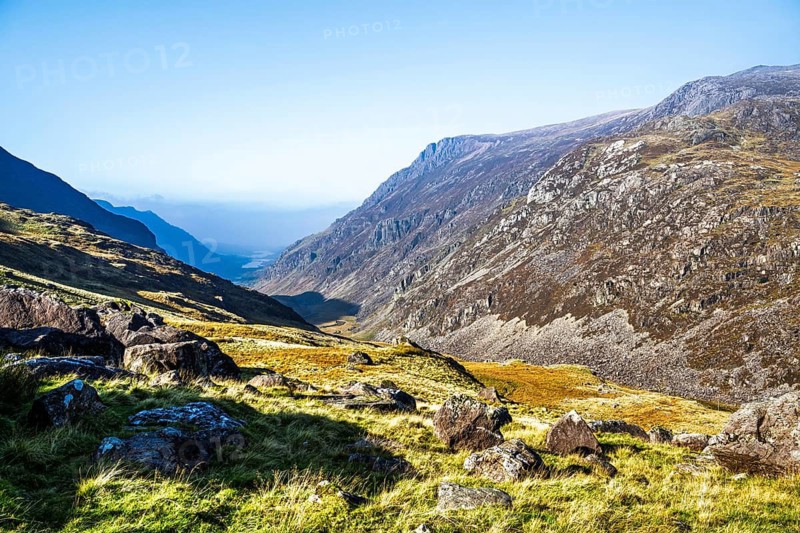Autumn colours of Pen-y-Pass over Miner's Track, Start Point and road A4086, Snowdonia, Wales, UK