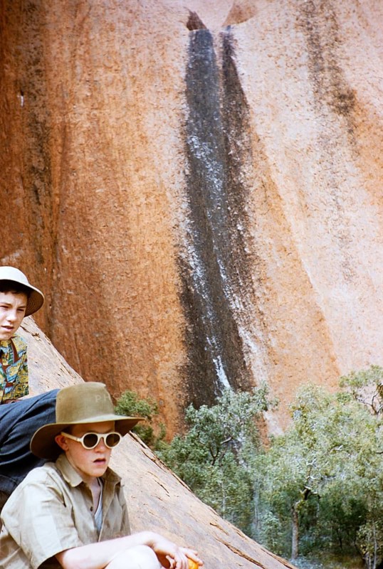 Expedition of the Melbourne Grammar School, Northern Territory, Australia, 1956 Boys at the waterfall at Ayers Rock, Uluru