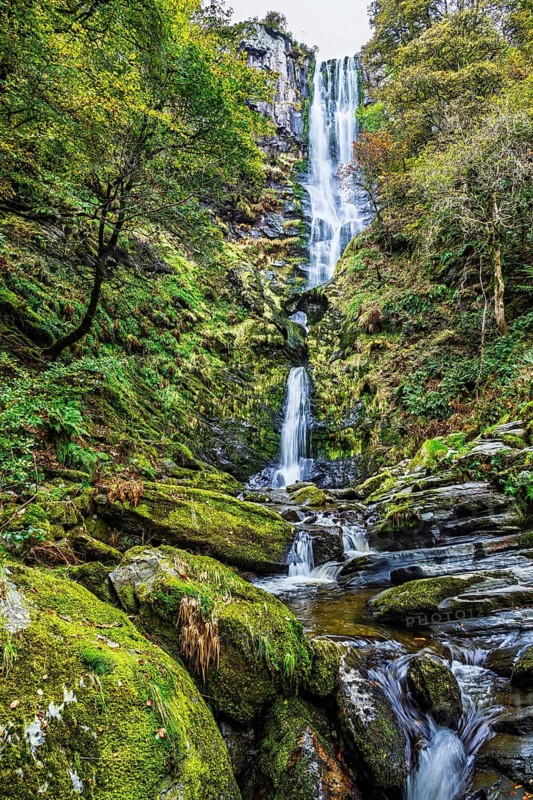 Autumn colors over Pistyll Rhaeadr Waterfall, Berwyn Mountains, Oswestry, Shrewsbury, Wales, UK