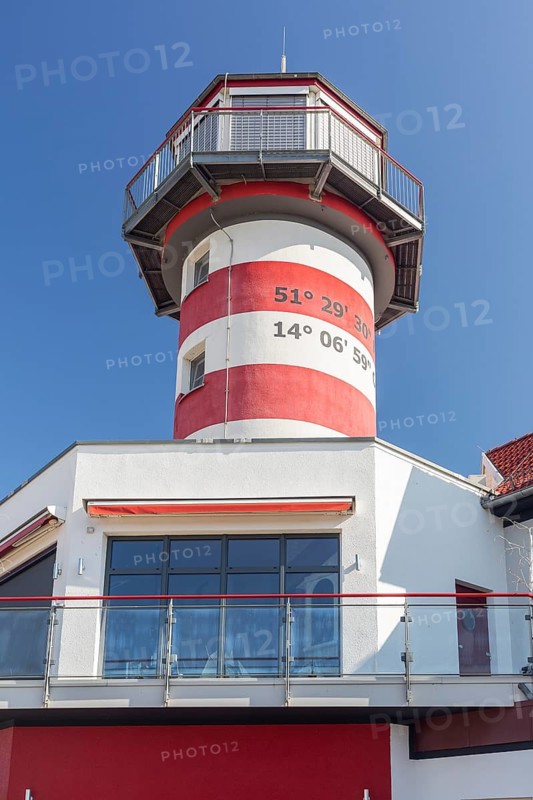 Holiday resort with holiday homes and lighthouse on Lake Geierswalde, Geierswalde, Lusatian Lakeland, Saxony, Germany