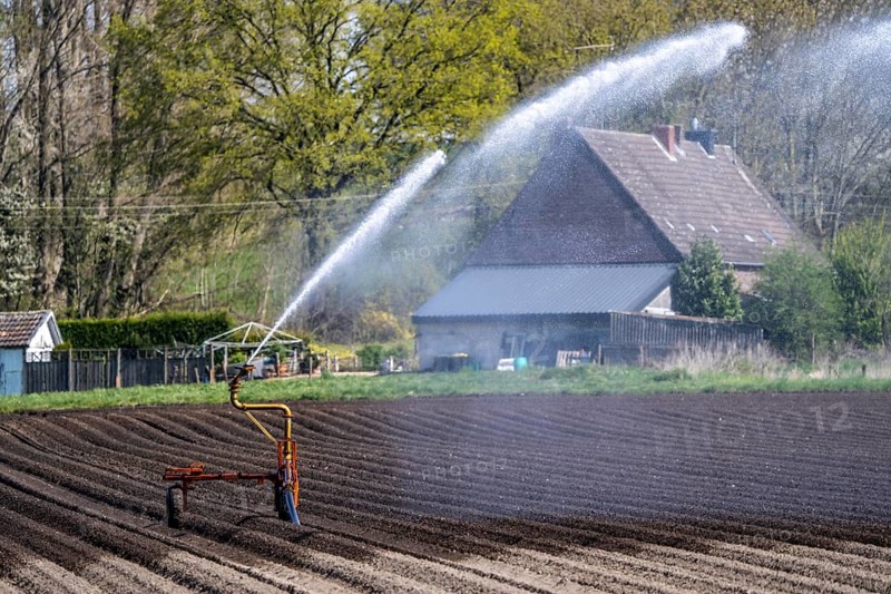Artificial irrigation of a potato field in April, with a sprinkler system, long drought in spring makes this necessary, for the total of 7.5 hectares 3 full days are needed to get the necessary moisture for the freshly sown potato plants, south of Straelen, Lower Rhine, North Rhine-Westphalia, Germany