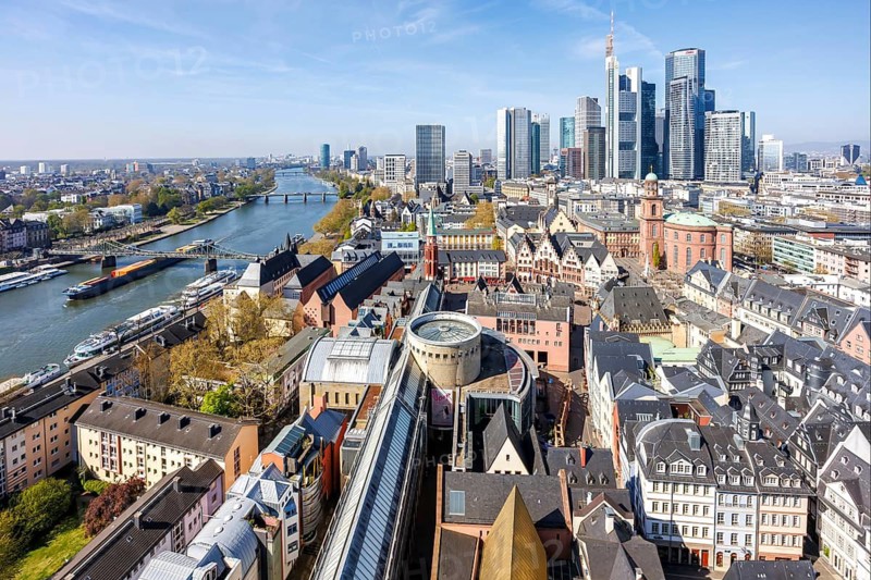 Frankfurt skyline skyscrapers in the city centre with Römer and river Main from above in Frankfurt, Germany