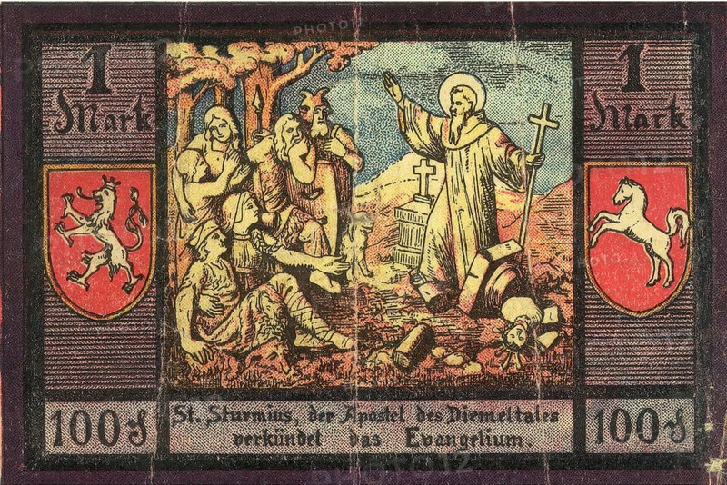 Emergency money, 1 mark, St Sturminus, the apostle of the Diemel valley, proclaiming the gospel, town of Marsberg, Germany, reproduction of a historical banknote