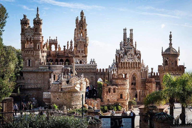 Benalmadena, SPAIN - JANUARY 31, 2026: Aerial view of Castillo de Colomares, a unique monument dedicated to Christopher Columbus in architectural style