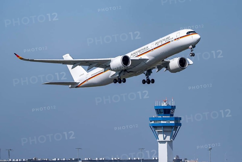 Cologne-Bonn Airport, CGN, Airbus A350-900 of the German Air Force, 10+03, government aircraft, Federal Ministry of Defence Air Force, on take-off, North Rhine-Westphalia, GermanyTower of air traffic control