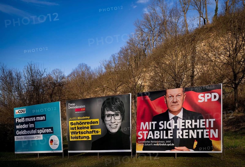Election posters for the Bundestag election on 23 February 2025, CDU, Judith Skudelny, FDP, with direct criticism of Federal Chancellor Olaf Scholz SPD, Schönreden, Ludwigsburg, Baden-Württemberg, Germany