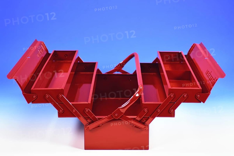 A red toolbox with tools, empty, unfilled, opened Studio photograph, Lower Saxony, Federal Republic of Germany