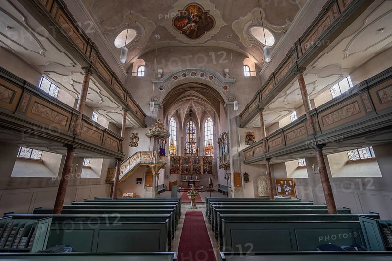 Interior with altar of the Protestant Church of St. Mary, baroqueised in the 18th century, Hersbruck, Middle Franconia, Bavaria, Germany