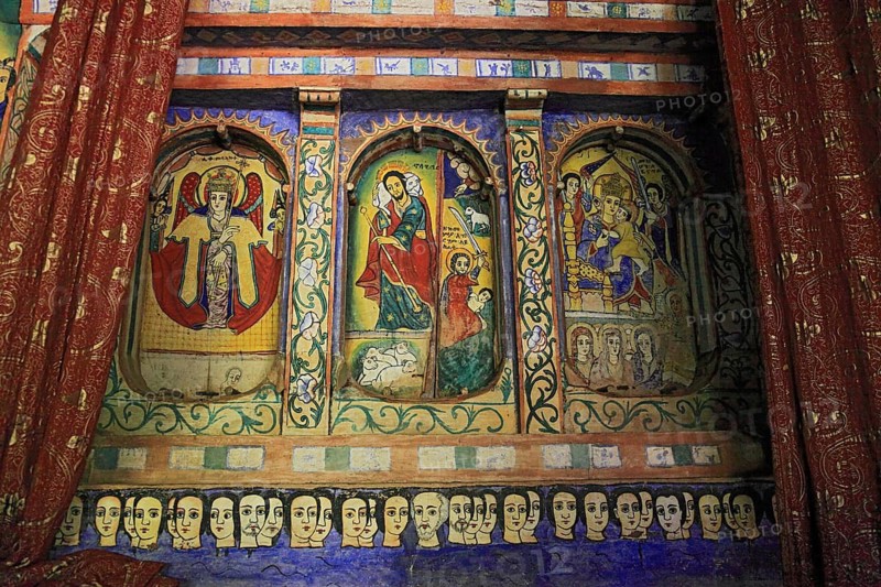 Ahamra region, Azoa Maryam round church on the Zeghie peninsula in Lake Tana, Lake Tsana or Lake Dembea, mural painting, Ethiopia