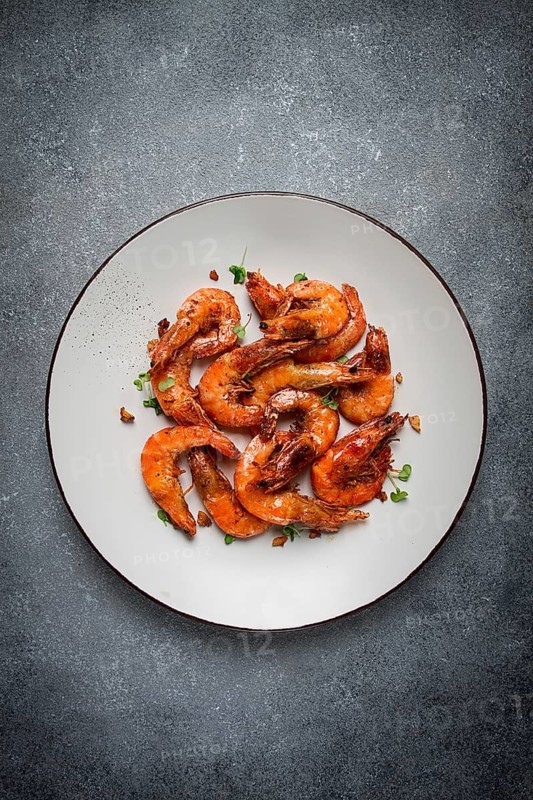 Fried tiger prawns, with spices, homemade, top view