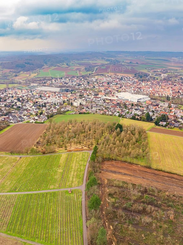 Town surrounded by fields and rolling hills under a hazy sky, Großbottwar, Ludwigsburg district, Baden-Württemberg, Germany