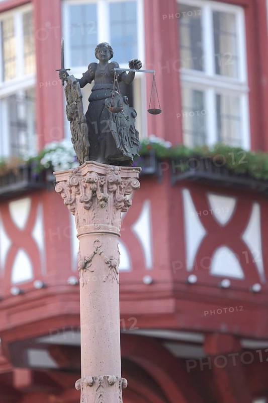 Justitia figure, Marktbrunnen, Marktplatz, Miltenberg, Bavaria, Germany
