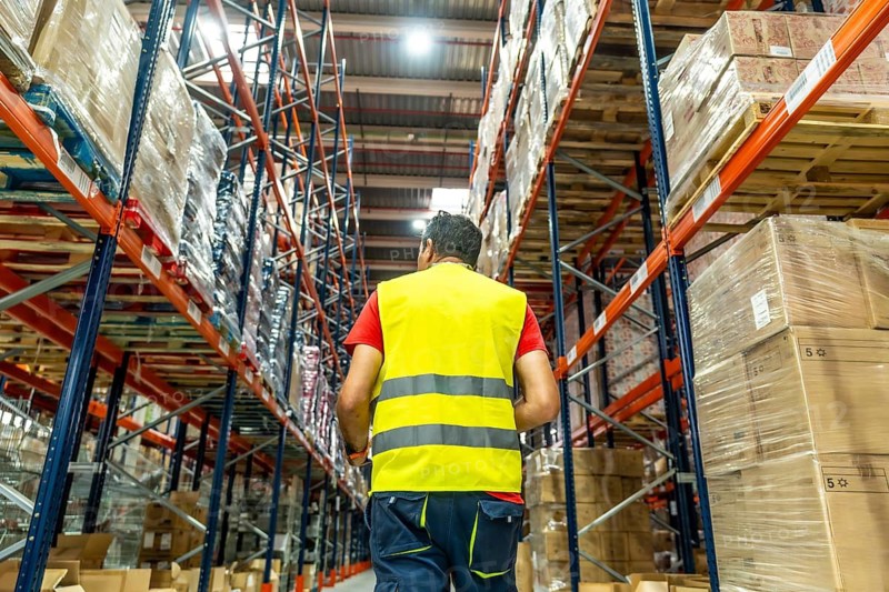 Rear view of a male worker walking along boxes in storage warehouse